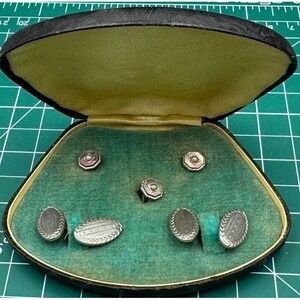 Vintage German Silver Oval Cufflink Set Pearl Abalone Clam Shell Case